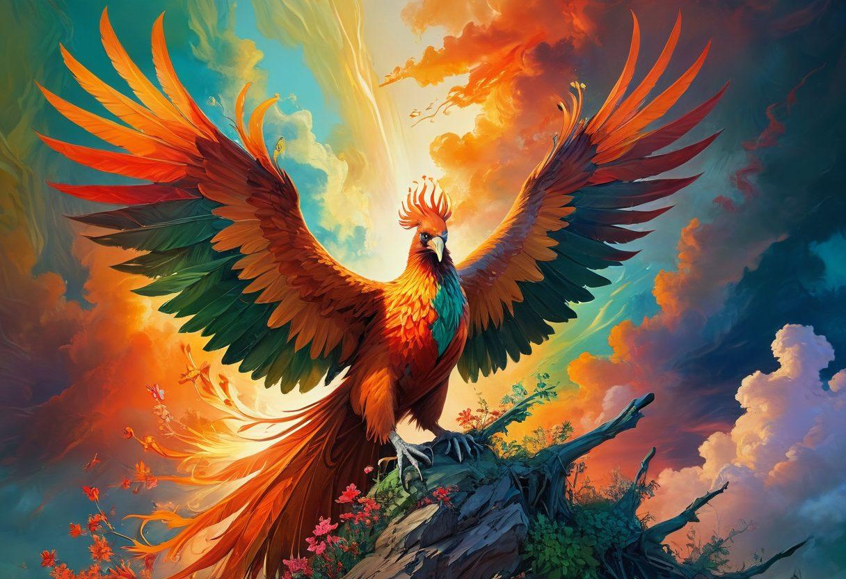 A striking phoenix rising from vibrant ashes, symbolizing transformation and resilience. Surround it with blooming flowers representing personal growth, and a soft glow of sunlight breaking through clouds to convey hope. Use shades of orange, red, and green for a dynamic feel. surreal art. vibrant colors. expressive brush strokes.
