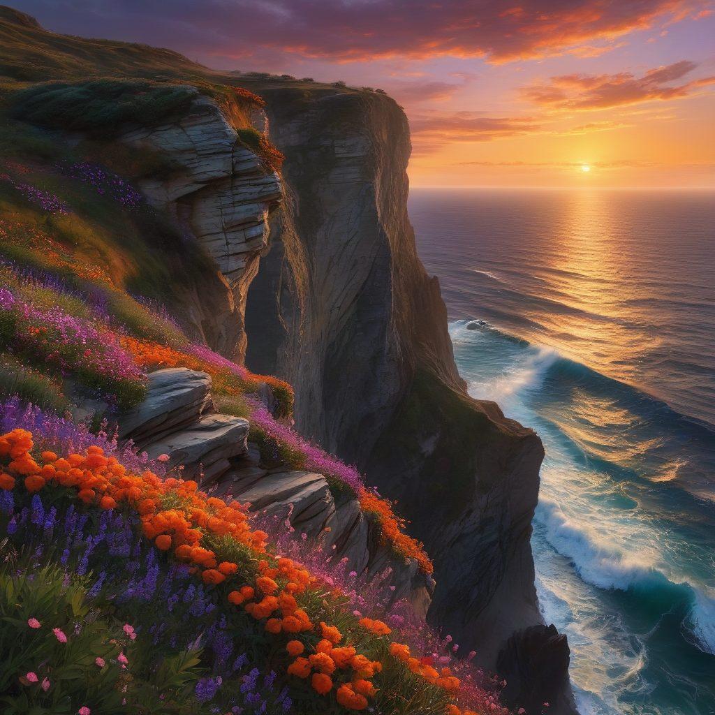 A serene landscape depicting a person standing at the edge of a cliff overlooking a calm sea at sunset, symbolizing introspection and transformation. The individual is surrounded by blooming flowers representing hope and renewal, while a soft breeze scatters colorful leaves around them. The sky is painted in vibrant hues of orange and purple, reflecting the emotions of both sorrow and strength. ethereal, vibrant colors, super-realistic.