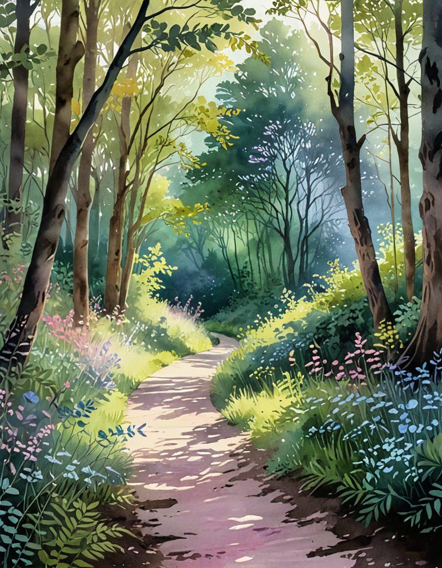 A serene landscape depicting a winding path through a peaceful forest, symbolizing the journey of healing. Include ethereal light filtering through the trees, vibrant wildflowers blooming along the path, and a silhouette of a figure meditating at the end of the trail. Soft, calming colors to evoke emotional wellness and resilience. watercolor painting. soothing tones.